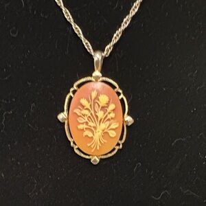 Vintage Coral Colored Rose Bouquet Hand Carved Cameo Necklace